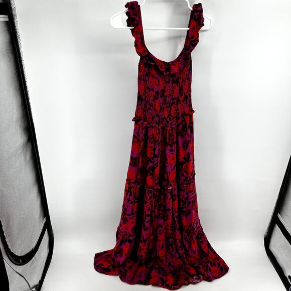 Anthro Abel the Label Reign Maxi Dress Floral Smocked Tiered Red Purple S - Picture 6 of 6